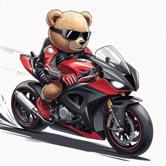 A cute, fluffy teddy bear riding a sleek racing sport motorcycle, wearing a full-body black leather racing suit, racing gloves, boots, and a matching helmet (or sunglasses for a cool look). 