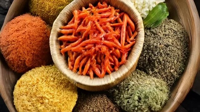 Vibrant Spice Medley:  Dried Chilis & Aromatic Powders in Wooden Bowls