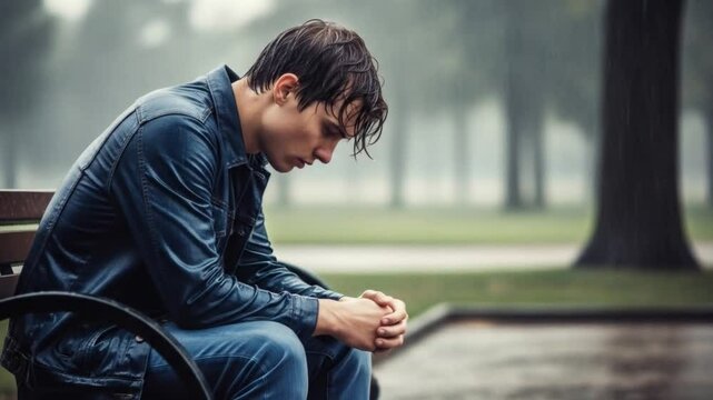 A young man in a denim jacket sits alone on a park bench looking down in the rain