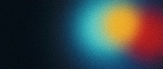 Abstract background, noise texture yellow blue red grainy color gradient spotlight on dark backdrop, vibrant brochure cover poster header banner design