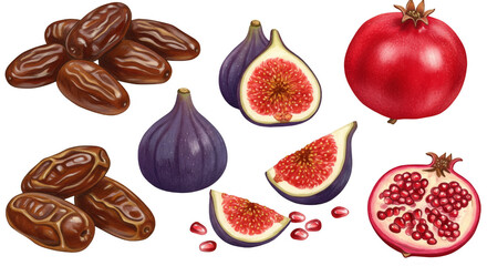 Illustration of Figs Dates and Pomegranate Fruits in Transparent Background