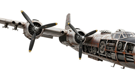 Detailed view of a vintage aircraft with exposed internal structure and rusted metal elements against a black background, showcasing mechanical components