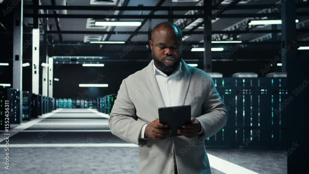 Poster data center engineer monitoring servers performing ai training and inference tasks. african american