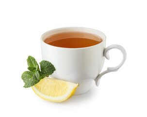 Cup of hot mint tea with lemon piece on white background