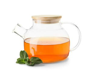 Teapot of hot mint tea on white background