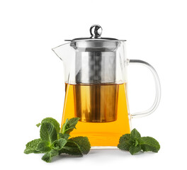 Teapot of hot mint tea on white background