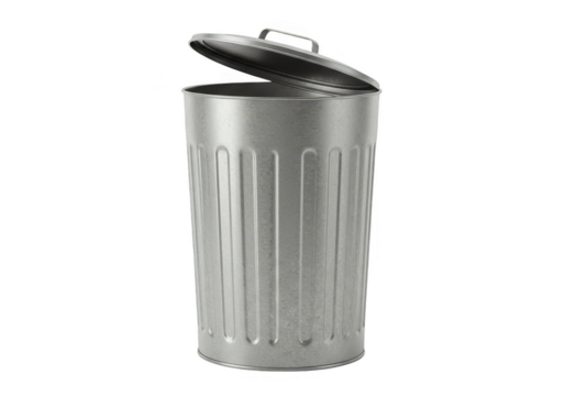 Illustration of Silver Metal Trash Can with Open Lid on Transparent