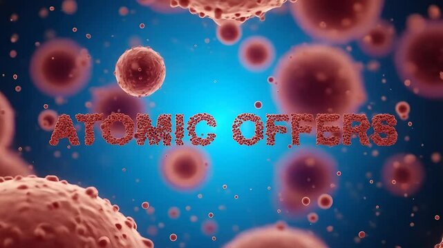 Atomic Offers title, 3D animation, business promotion. Animated promo graphic conveys dynamic retail, deals, services, sale events. Use for marketing, ad campaigns, technology, innovation.