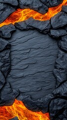 Glowing magma textures fire contrast concept, Lava frame a striking artwork featuring a frame of jagged black rocks surrounding flowing lava.