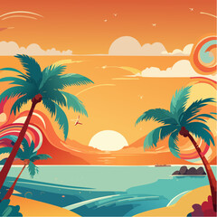Obraz premium A vibrant summer-themed vector design featuring abstract shapes, palm leaf, sun doodle, and bold tropical color—perfect for seasonal background, poster, or greeting card.