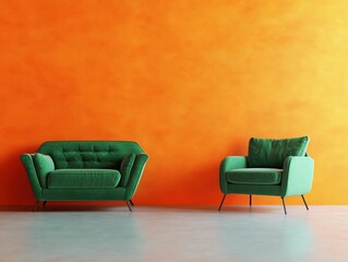 Modern living room with green velvet furniture against an orange wall