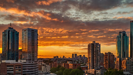 Obraz premium sunset in Hong Kong, Towering above the city, a majestic skyscraper stands illuminated by the warm glow of a vibrant sunset, its sleek glass façade perfectly reflecting the urban below. 4K image