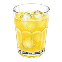 Illustration of Yellow Drink with Ice Cubes in a Glass Transparent