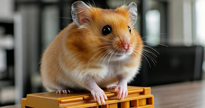 Close Up Of A Brown Hamster On A Brown Table With A Yellow Object In Front Of A Blurred Interior Background