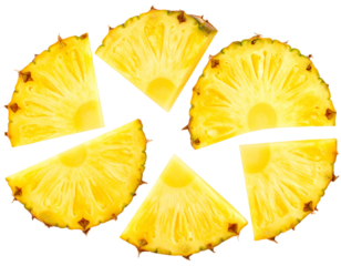 Sliced pineapple arranged in a circular pattern, showcasing its vibrant yellow flesh and textured skin