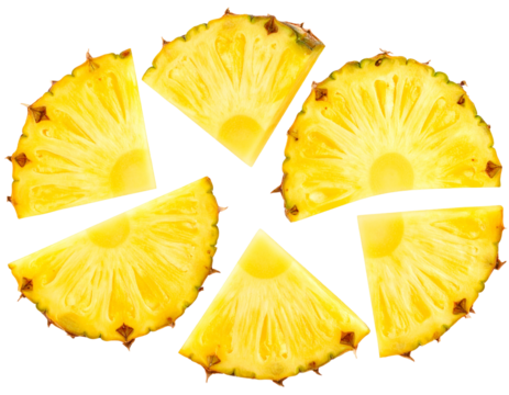 Sliced pineapple arranged in a circular pattern, showcasing its vibrant yellow flesh and textured skin