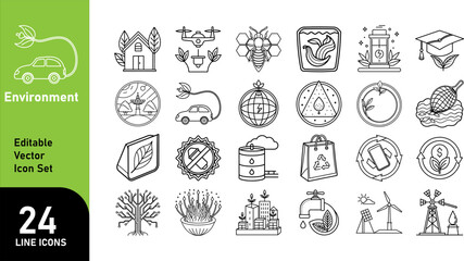 Environment Icon Set – Editable Eco-Friendly Line Icons for Green Energy, Sustainability, and Nature Projects

