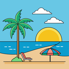 Tropical beach scene with palm tree sun and beach umbrella