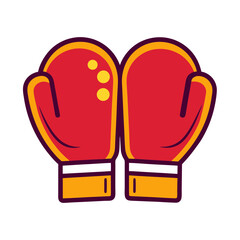 Pair of red boxing gloves with yellow accents and purple outline