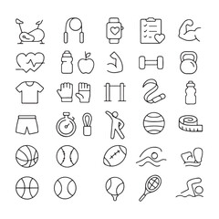 Collection of simple line art icons representing fitness and sports activities