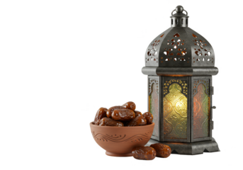 Isolated Background Ramadan Lantern with Dates in a Bowl Decoration