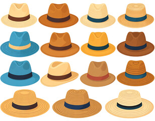 Collection of various straw and felt hats in different colors and styles