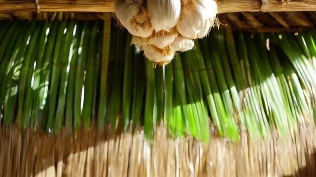 Sunlit Garlic Bulb Hanging in Thatched Roof with Palm Fronds