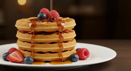 Golden Syrup Drizzles Delightfully onto a Stack of Buttery Waffles Topped with Fresh Berries, a Sweet and Irresistible Breakfast Treat.