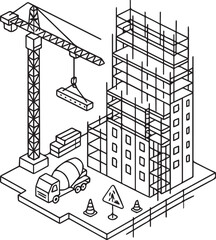 Isometric Black Outline Vector Illustration of a Skyscraper Construction Site on White Background

