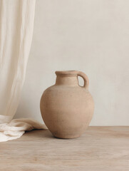 editorial aesthetic rustic ceramic beige vase and a white curtain on beige textured backdrop, tactile organic brand image