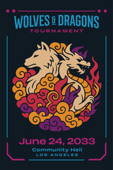Wolves and dragon tournament poster illustration with fantasy style animal emblem and ornamental flame background