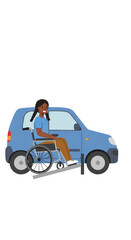 Illustration of Woman Driving Blue Car in Wheelchair Transportation