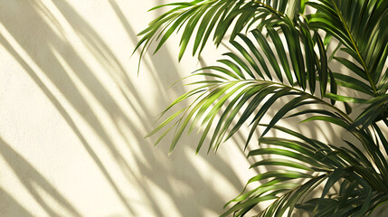 Indoor Palm: Green fronds against a white wall, dappled in light and shadow, creating a tranquil scene.