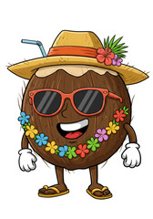 Illustration of Tropical Coconut Character in Sunglasses Hat and Lei
