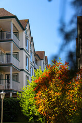 Apartment building seen from the side with trees to the side