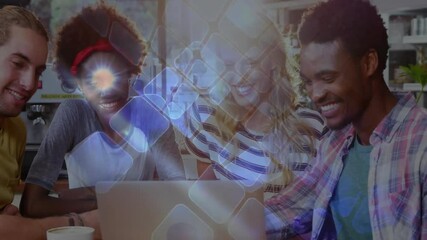 Colleagues pointing and typing on laptop in tech meeting causing blue squares forming data grid - Powered by Adobe