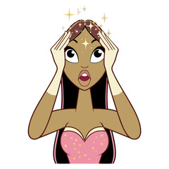An amazed animated woman with sparkling skin and hair, expressing wonder and surprise, possibly due to a magical effect or a beauty transformation.