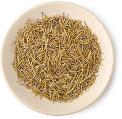 dried rosemary on a beige ceramic tray isolated white background, thin needle like dried aromatic...