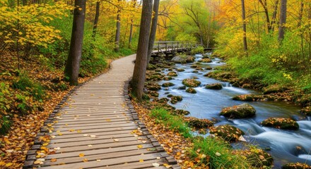 A Scenic Autumn Path Alongside a Flowing Stream Through a Forest of Yellow Trees