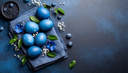 Easter background with blue painted eggs and napkin on dark blue backround.