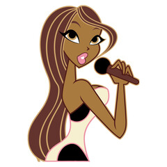 An animated woman with long brown hair and a stylish outfit sings into a microphone, portraying a confident and glamorous performer.