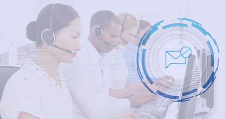 Call center agents typing processing emails as blue circuits converging toward rotating email icon - Powered by Adobe