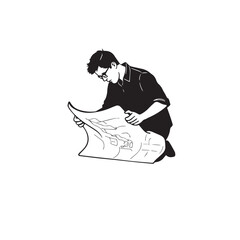 Vector art of man reading map silhouette with glasses isolated on white background