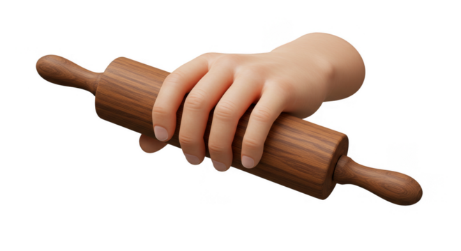 Isolated Hand Holding Wooden Rolling Pin for Cooking and Baking Pastry