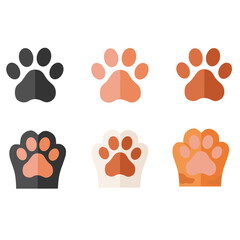 Colorful flat-style cat paw prints and paw pads in various fur colors. Cute vector illustration of cartoon kitten feet, perfect for pet-themed designs and stickers