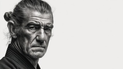 Obraz premium Monochrome portrait of an elderly man with a serious expression, detailed facial features and textured hair in black and white