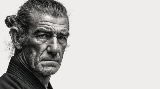 Monochrome portrait of an elderly man with a serious expression, detailed facial features and textured hair in black and white - Powered by Adobe