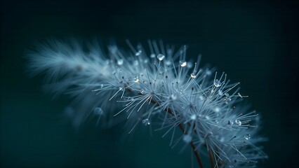 Close-up macro of white dandelion seed head and abstract seeds on a black background, evoking a starry night flora