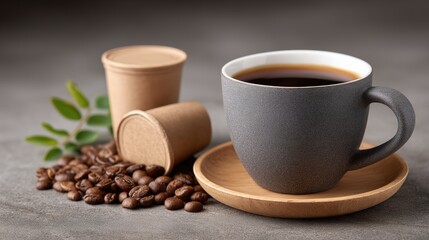 Fototapeta premium Fair trade, coffee and business, A black coffee cup on a wooden saucer beside spilled coffee beans and two brown disposable cups with a small green plant in the background.