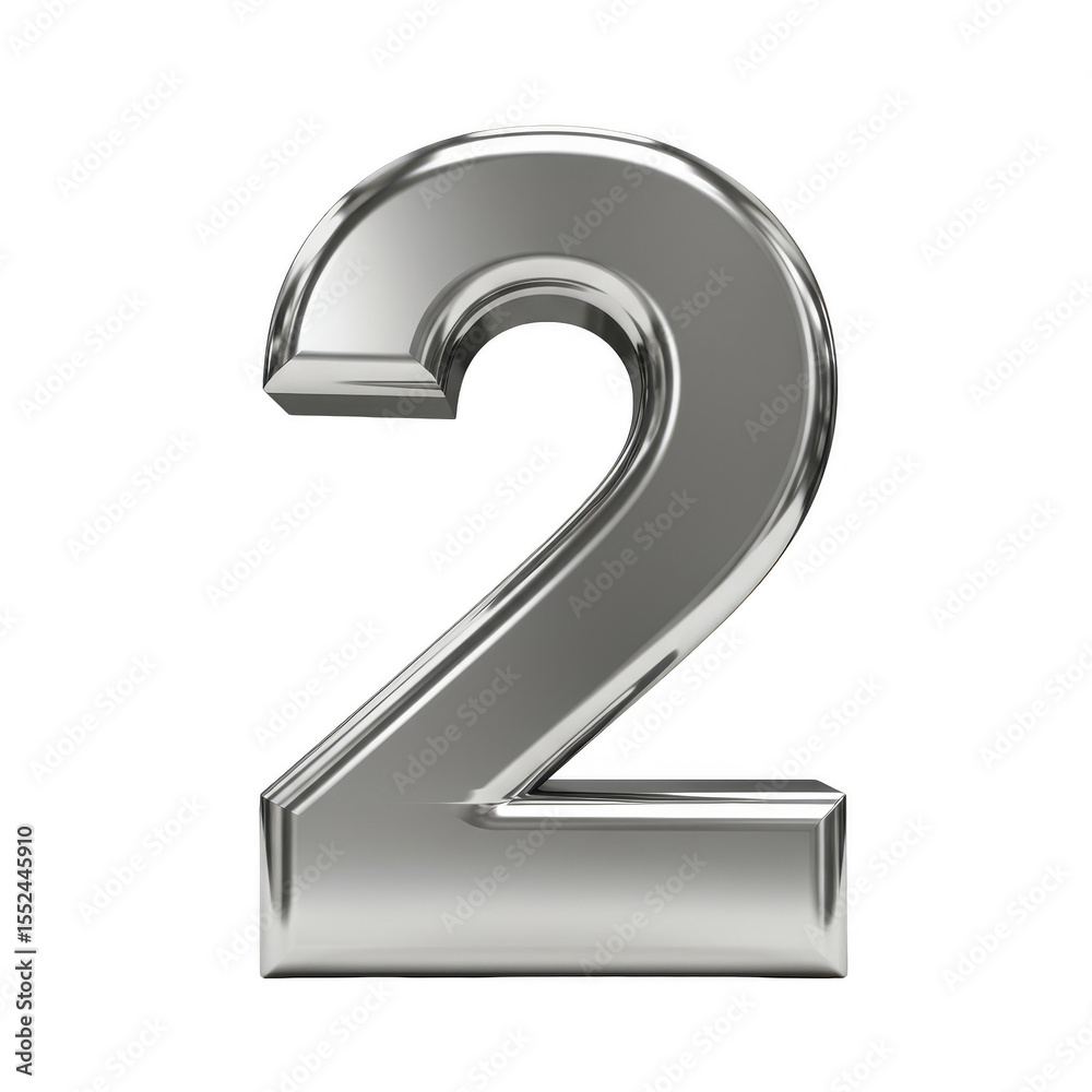 Fototapete isolated 3d rendering of shiny silver metallic number two on clear